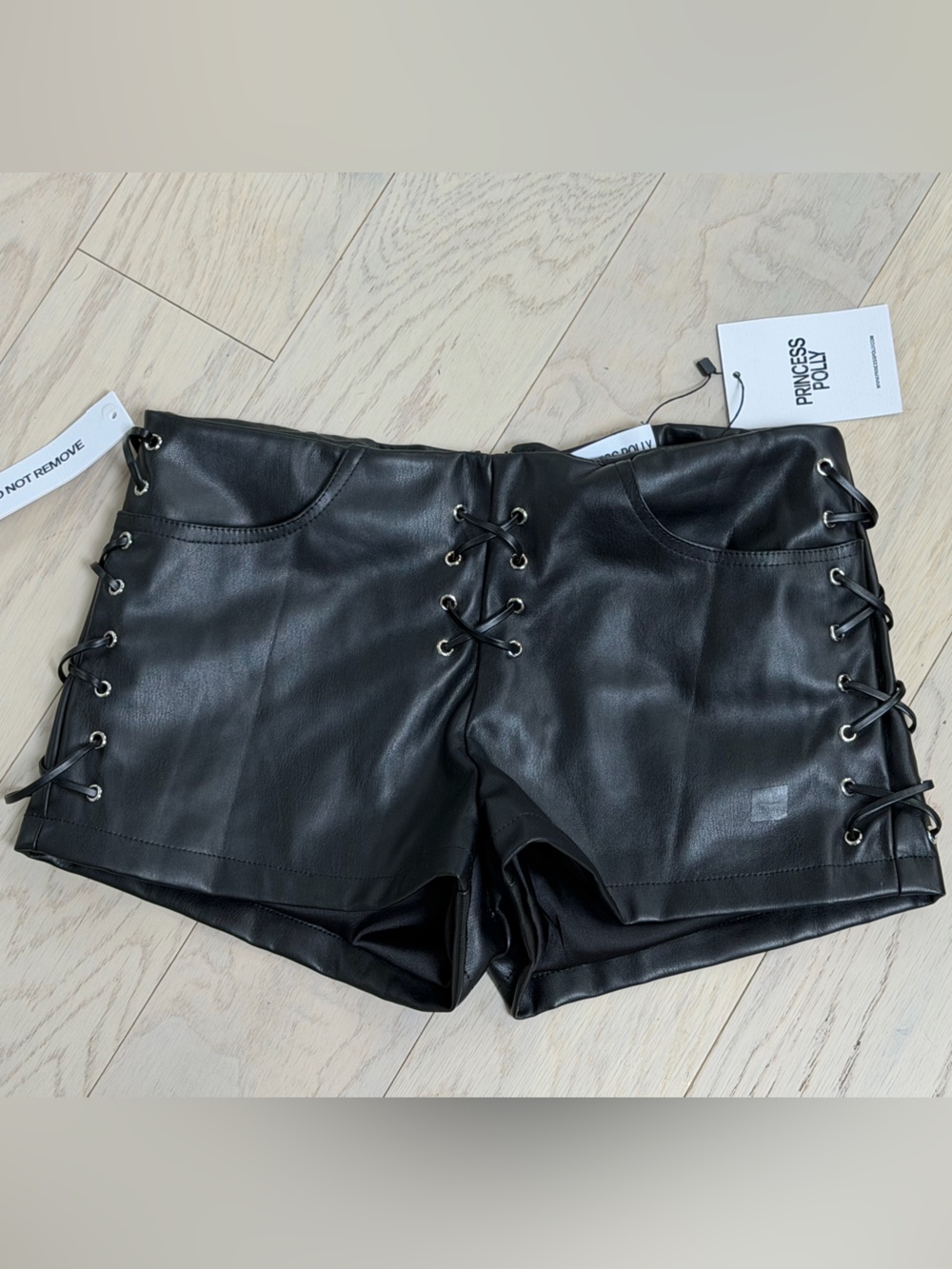 Princess Polly Black Faux Leather High-Waist Lace-Up Shorts